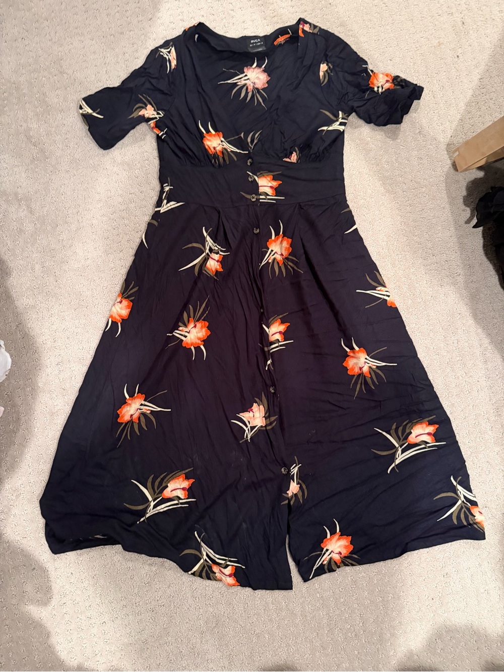 RVCA Black Floral Button-Front Midi Dress, XS